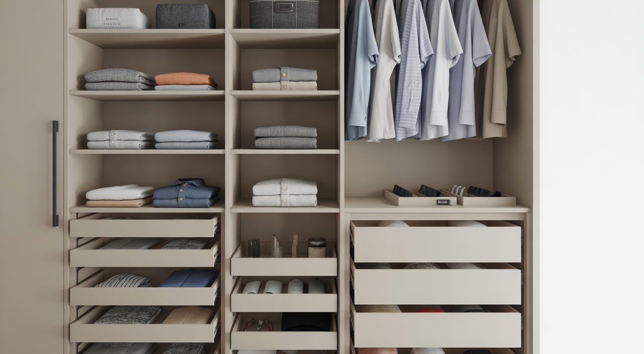 A luxurious, custom-designed fitted walk-in wardrobe in a modern home, featuring various storage solutions for clothing and accessories.