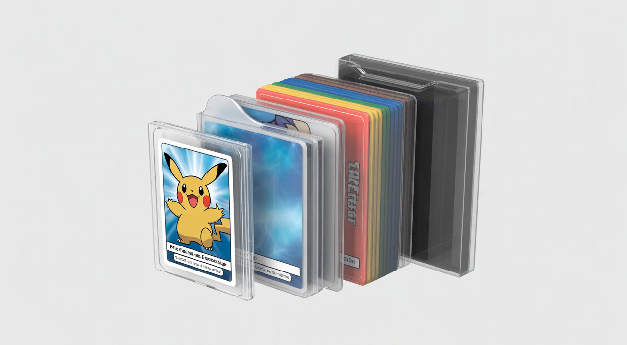 Pokemon cards in various protective sleeves, showcasing different types of card holders.
