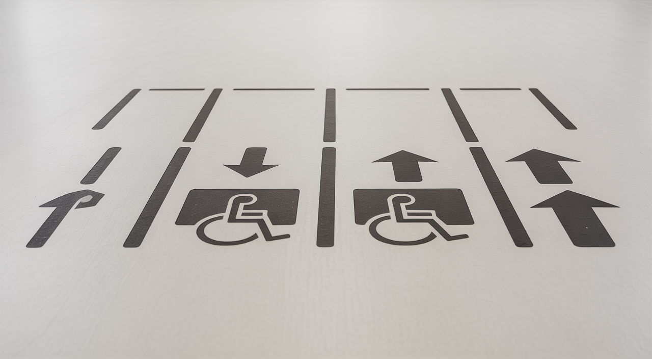 Parking lot stencils laid out on asphalt surface in a Canadian parking area